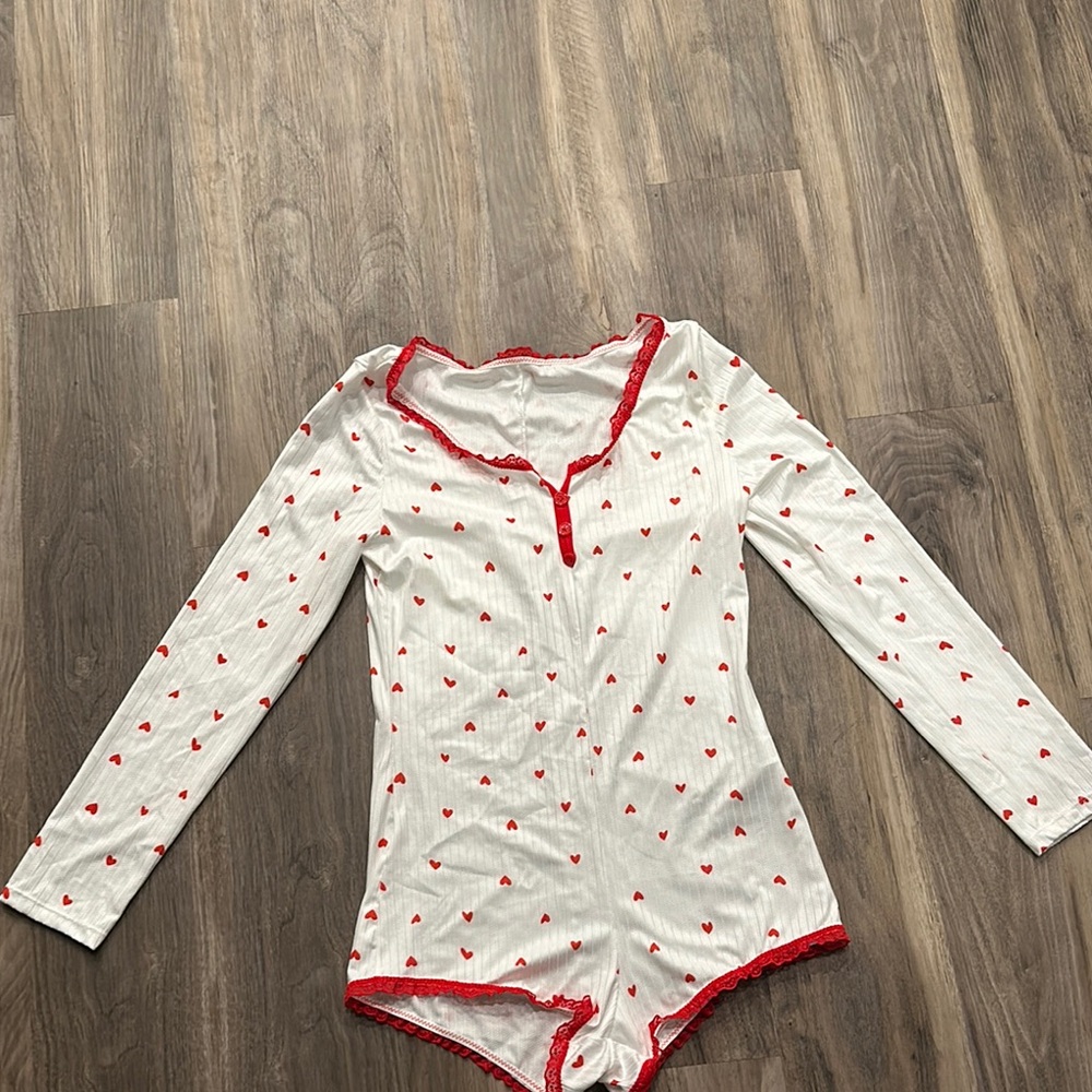 White and Red Heart Long Sleeve Bodysuit